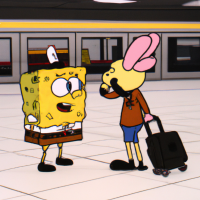SpongeBob SquarePants talking to a mouse in an airport, 2000s Cartoon