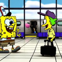 SpongeBob SquarePants talking to a mouse in an airport, 2020s Cartoon