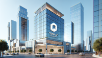 a tower with Tesleum text brand with cubic logo in center of baku city near glass tower, photorealistic