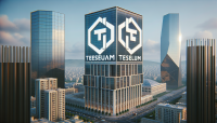 a tower with Tesleum text brand with cubic logo, in baku city near glass tower, photorealistic