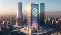 a tower with accurate Tesleum text , with cubic logo, in baku city near glass tower, photorealistic