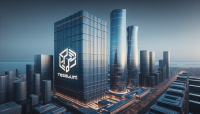 a tower with Tesleum text brand with cubic logo in baku city near glass tower, photorealistic