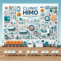 عکس تبلیغاتی میخواهم که بالای صفحه نام clinic Himo نوشته باشد و تمامی ارکان یک کلینیک پزشکی و درمانی را به نمایش بگذارد که جذب مخاطب کند